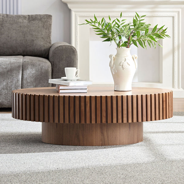 English Elm Modern Ellipse Drum Coffee Table 46.5" x 27.6" Oval Low-Profile Accent Table with Sturdy Pedestal Base, Durable MDF Wood Design Walnut W2582P188737