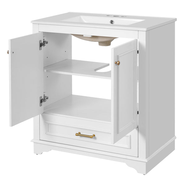 English Elm 30" Elegant Bathroom Vanity with Ceramic Sink, French-Inspired Compact Cabinet with Drawer & Shelf White N710P317676K