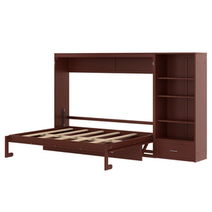 English Elm Queen Murphy Bed with Built-In Shelves, Height-Adjustable Storage & Drawer for Small Spaces Walnut 71.6 L x 21.5 W x 6.1 H N733S309223D