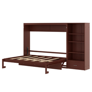 English Elm Queen Murphy Wall Bed with Folding Platform Side Cabinet Drawer and Adjustable Shelves Walnut N733S407545D