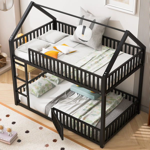 English Elm Metal Twin over Twin House Bunk Bed with Playful Roof, Sturdy Metal Frame, Quiet Support for Kids Black N709P214091B