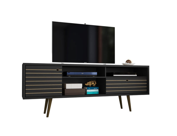 English Elm Liberty 71" Mid-Century TV Stand with Splayed Solid Wood Legs, Wire Management & Storage Drawer Black B365P398360