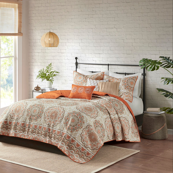 English Elm 6 Piece Reversible Quilt Set with Paisley Motif and Neutral Reverse, Embroidered Throw Pillows Included Orange 23.23 L x 18.11 W x 11.42 H B03597403