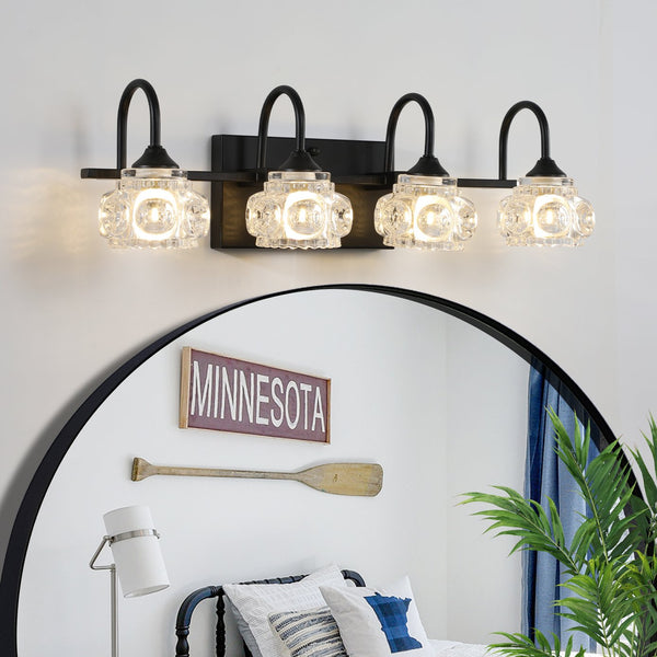 English Elm 23" Retro 4-Light Vanity Light Fixture Black Iron with Crystal Glass Shades Wall-Mount Hardwired Elegant Illumination for Bathroom Dressing Room W2312P374818