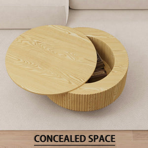 English Elm 29.53 Inch Round Mdf Coffee Table with Grooved Sides and Concealed Storage for Living Rooms W2189P320662