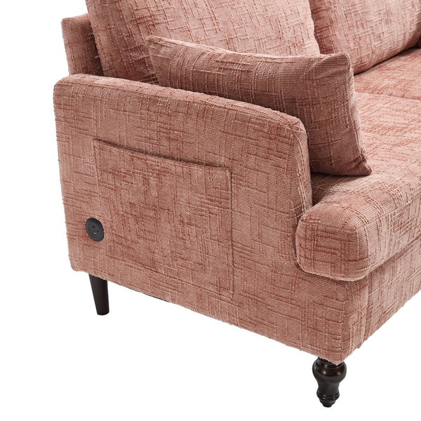 English Elm Modern chenille 2-seater sofa with LED lighting, USB charging, storage pocket, sturdy wood legs Pink W395P318541