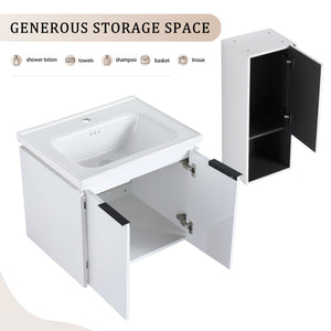 English Elm 24" Wall-Mounted Bathroom Vanity With Ceramic Sink & Side Cabinet - Stylish Soft-Close Design! W999S00333