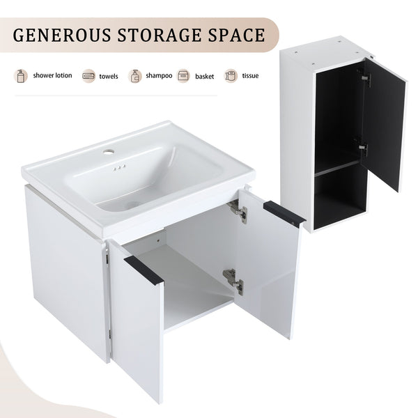 English Elm 24" Wall-Mounted Bathroom Vanity With Ceramic Sink & Side Cabinet - Stylish Soft-Close Design! W999S00333