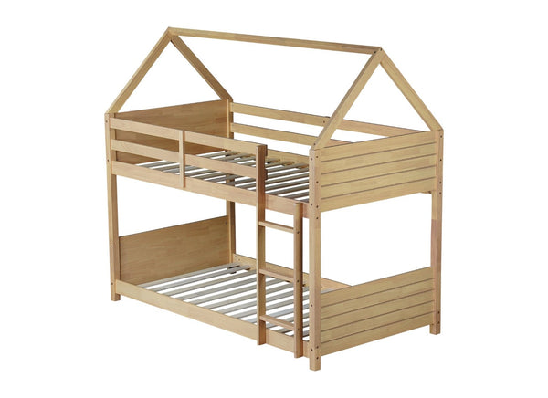 English Elm Twin House Floor Bunk Bed – Charming Rubberwood Design With Safety Guardrails, Ladder & White Oak Finish W504P227973-GIGA