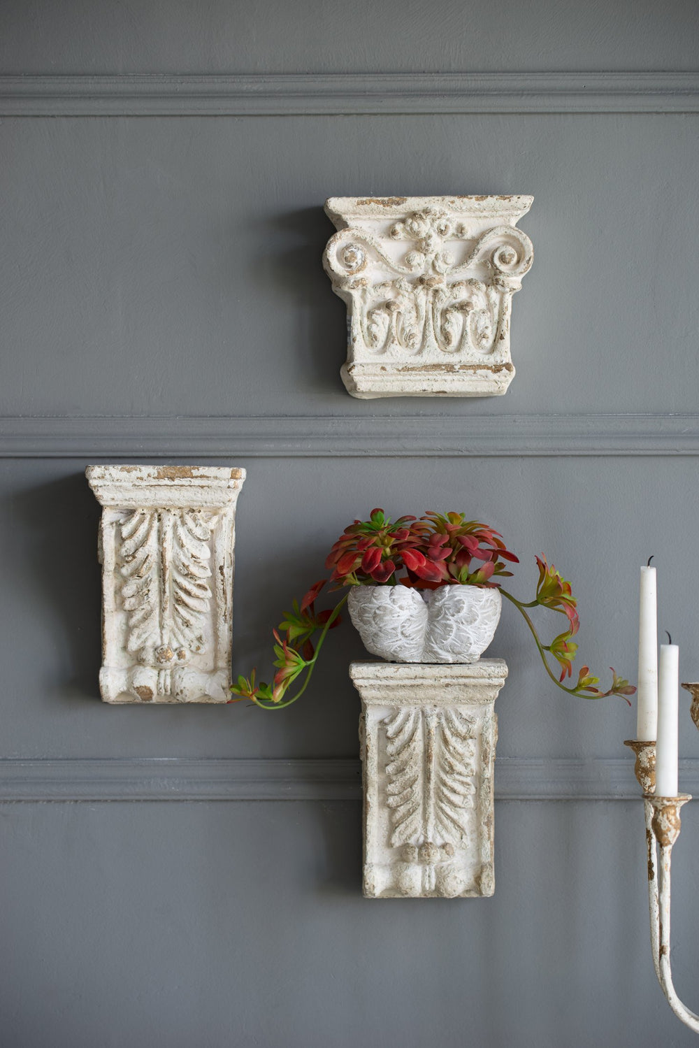 English Elm 5.1x4.7x9.3" Antique White Wall Shelf — Weathered Cream Cornice with Intricate Leaf & Fauna Detail, Narrow Decorative Accent W2078P313321