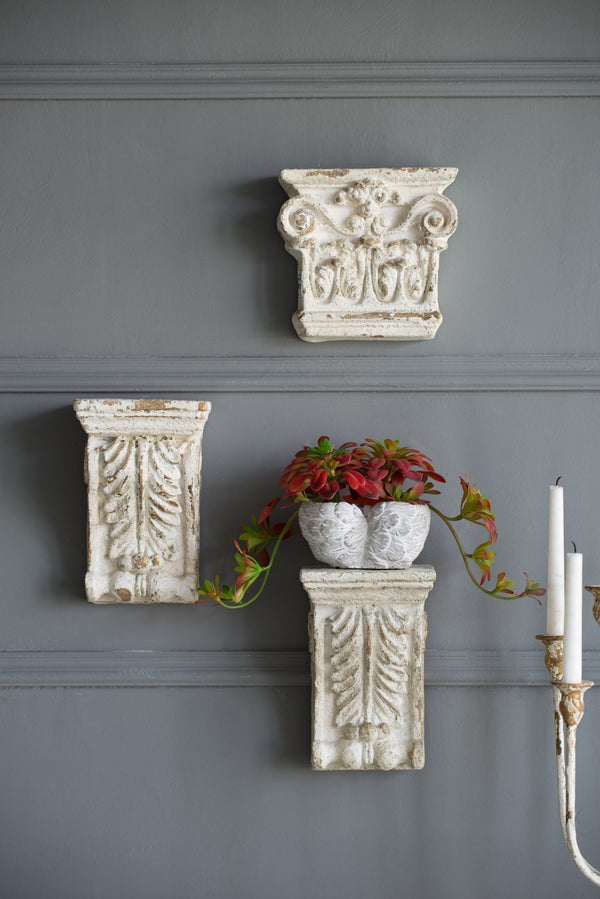 English Elm 5.1x4.7x9.3" Antique White Wall Shelf — Weathered Cream Cornice with Intricate Leaf & Fauna Detail, Narrow Decorative Accent W2078P313321