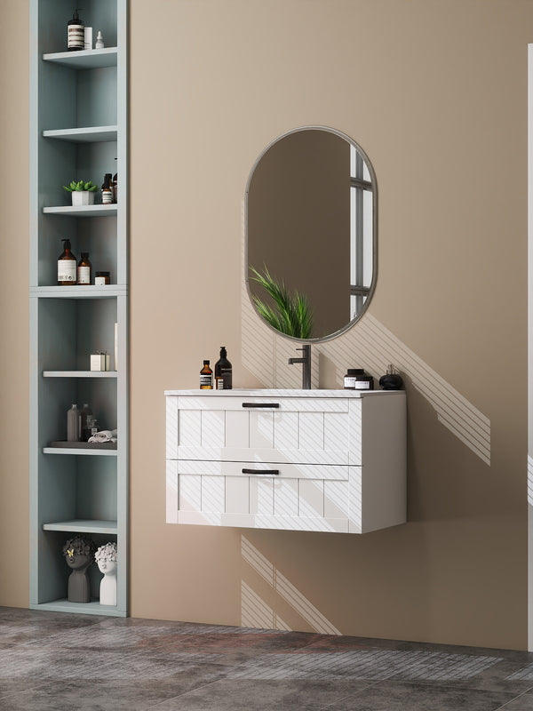 English Elm 31.5" Wall-Mounted Bathroom Vanity with Sink Combo, Large Soft-Close Drawers, Modern Decor Lines White W3151S00010