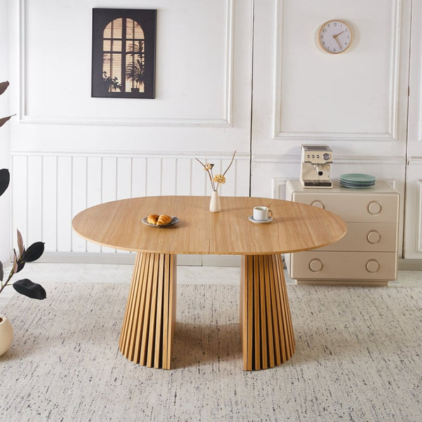 English Elm 1+4,5pieces Mid-century Dining Set Mdf Top Metal Pedestal Base Seats Six Modern Kitchen Brown W3766S00006