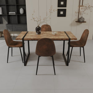 English Elm 59" Modern Farmhouse Dining Table Set With 4 Suede Chairs - Light Wood & Black Metal Base Design W2189S00627