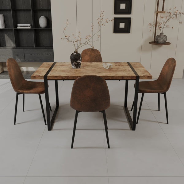 English Elm 59" Modern Farmhouse Dining Table Set With 4 Suede Chairs - Light Wood & Black Metal Base Design W2189S00627