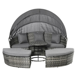 English Elm Poolside Round Pe Rattan Daybed Set with Retractable Canopy for Patio Lounging T3971S00133
