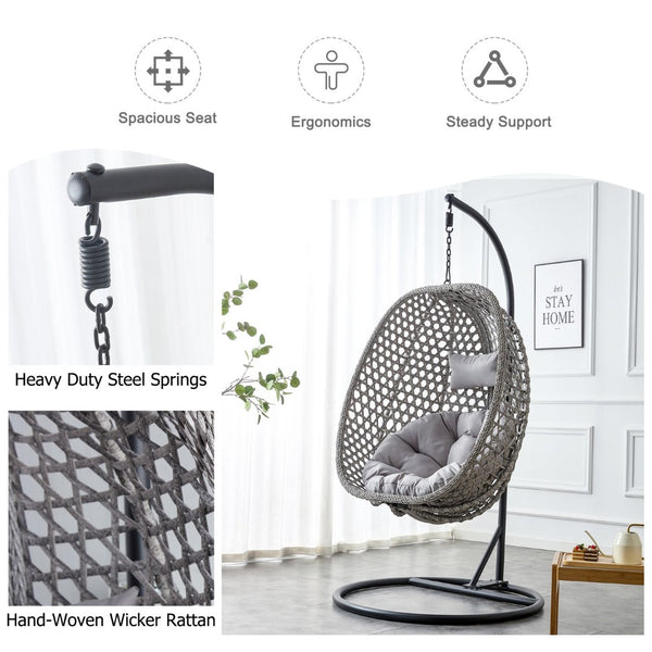 English Elm Egg Swing Chair Woven Rattan Basket Seat with Stand Cushion for Patio Bedroom W1512P498597