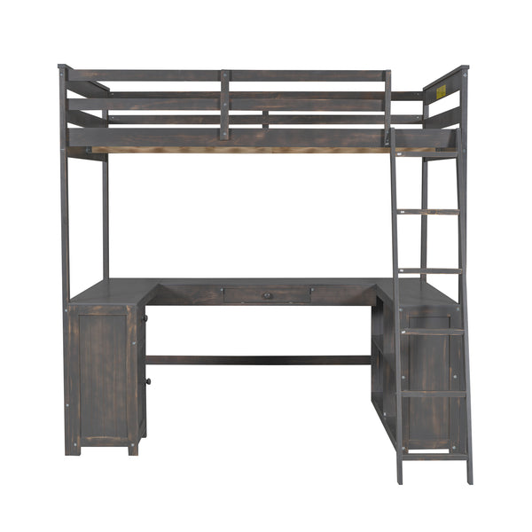 English Elm Full Loft Bed with U-Shaped Workstation, Built-In Drawers, Shelves & Cabinet for Space Saving Antique brown GX001039AAD