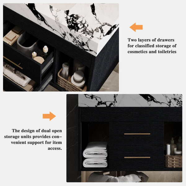 English Elm 29.9" Floating Bathroom Vanity Sintered Stone Top Soft Close Drawers Bronze Gold Hardware Black,Black White W3136S00036