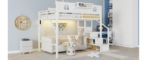 English Elm Metal Queen Loft Bed with L Shaped Desk Wardrobe Led Lighting and Usb for Teens White W2593S00057