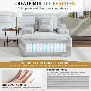 English Elm 67" Corduroy Oversized Chaise Sleeper Sofa Deep Seat Boneless Lounge with Cup Holder Pillows Light Grey W1803P409264