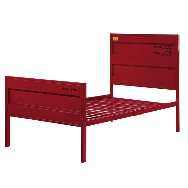 English Elm Red Metal Twin Platform Bed with Industrial Cargo-Container Design, Panel Headboard, Low Footboard B062P186402