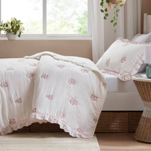 English Elm 2-piece Floral Embroidered Twin Quilt Set Romantic Ruffled Border Soft Down Alternative Fill White+Pink B035P463191
