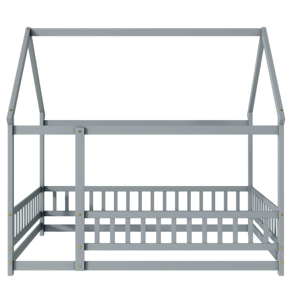 English Elm Full Size House Bed Frame With Roof, Safety Guardrails, Grey Finish - Perfect For Kids' Room Fun! W504P286407