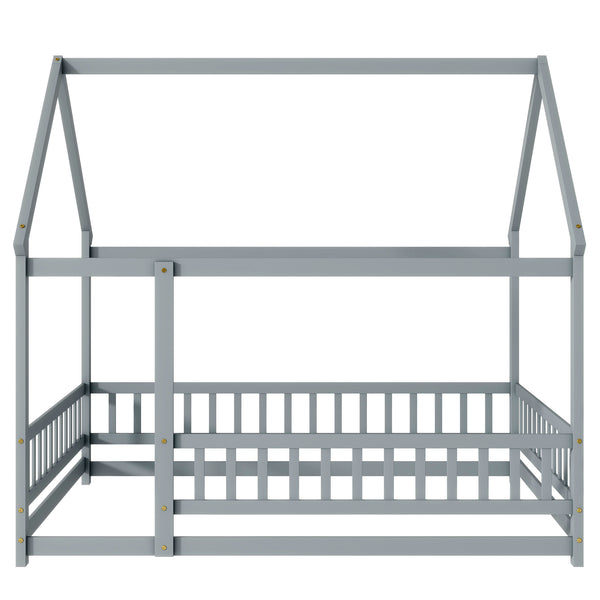 English Elm Full Size House Bed Frame With Roof, Safety Guardrails, Grey Finish - Perfect For Kids' Room Fun! W504P286407
