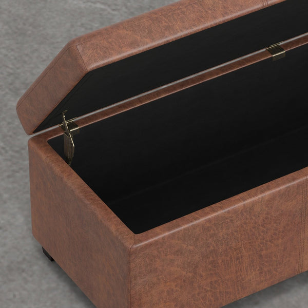 English Elm Lincoln Extra Large Storage Ottoman Bench with Distressed Saddle Brown Vegan Leather, 54" Wide, Stitched Design, Child-Safe Hinge B2732P253623