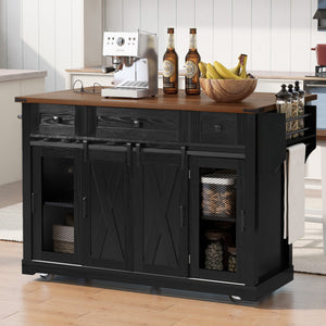 English Elm K&K 58" Farmhouse Kitchen Island with Sliding Barn Door, Drop Leaf, Glass Rack, Locking Wheels, Power Black N707P349811B