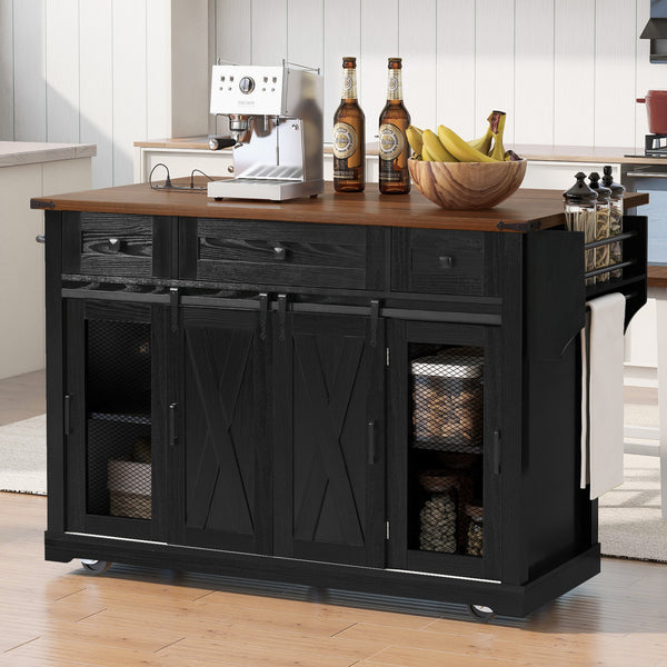 English Elm K&K 58" Farmhouse Kitchen Island with Sliding Barn Door, Drop Leaf, Glass Rack, Locking Wheels, Power Black N707P349811B