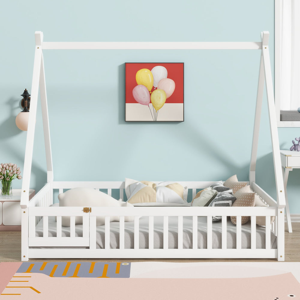 English Elm Full Size Tent-Shaped Floor Bed In White - Rubberwood Frame With Guardrails, Slats & Cozy Door W504P345787