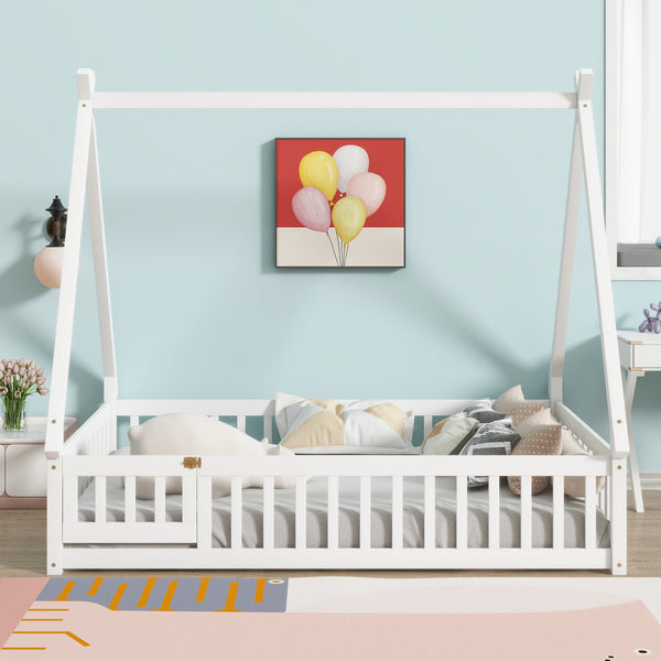 English Elm Full Size Tent-Shaped Floor Bed In White - Rubberwood Frame With Guardrails, Slats & Cozy Door W504P345787