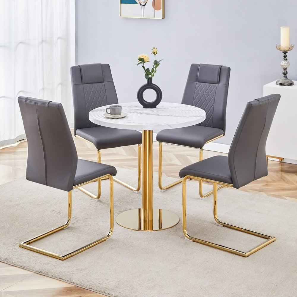 English Elm Table 5-Piece Set: Elegant 31.5-Inch Round Marble Dining Table With 4 Gray Pu Chairs & Gold Legs W1151S02493-GIGA