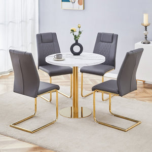 English Elm Table 5-Piece Set: Elegant 31.5-Inch Round Marble Dining Table With 4 Gray Pu Chairs & Gold Legs W1151S02493-GIGA