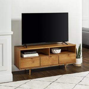 English Elm Walker Edison - Mid-Century Solid Wood 3-Drawer 58" TV Stand with Cord Management, Open Cubbies & Angled Legs Caramel 69 L x 19 W x 6 H B185P169379