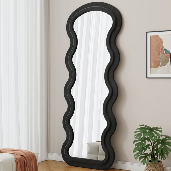 English Elm Flannel Wavy Full-Length Floor Mirror Black — Soft Flannel Frame, Shatterproof Reflection, Stylish Decor W347P318393