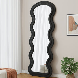 English Elm Flannel Wavy Full-Length Black Floor Mirror with Stand — Plush Fabric, Shatterproof, Stylish Decor W347P368250