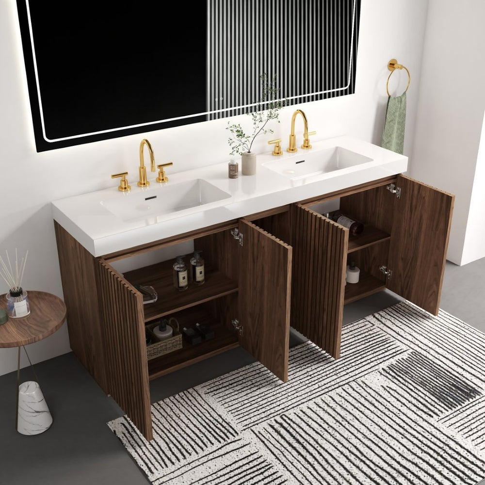 English Elm Galan 72 Inch Double Sink Vanity Fluted Wood Quartz Top Freestanding Bathroom Cabinet Walnut Brown W1865S00228