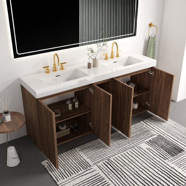 English Elm Galan 72 Inch Double Sink Vanity Fluted Wood Quartz Top Freestanding Bathroom Cabinet Walnut Brown W1865S00228