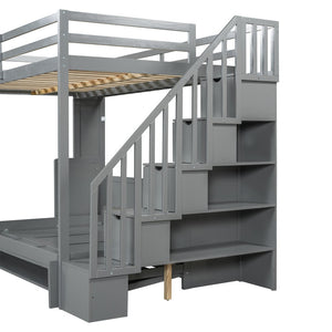English Elm Full Over Murphy Bunk Bed with Hydraulic Lift Staircase Storage and Fold Away Desk LP000698AAE