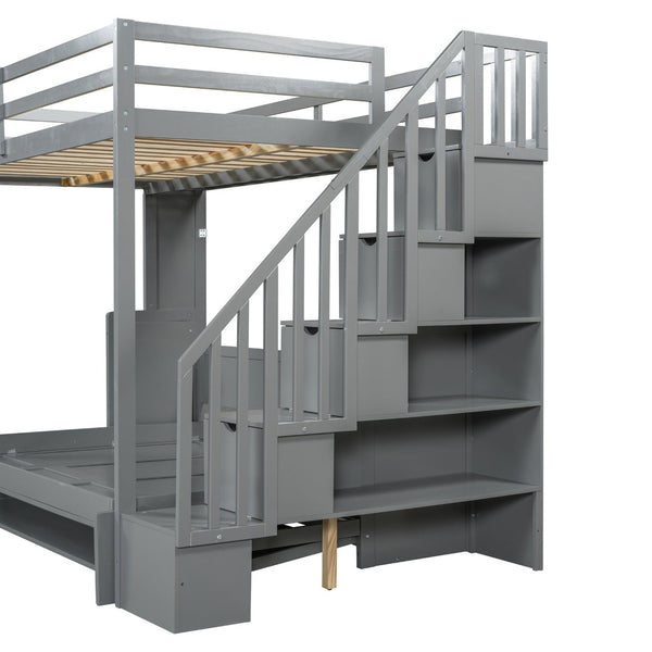 English Elm Full Over Murphy Bunk Bed with Hydraulic Lift Staircase Storage and Fold Away Desk LP000698AAE