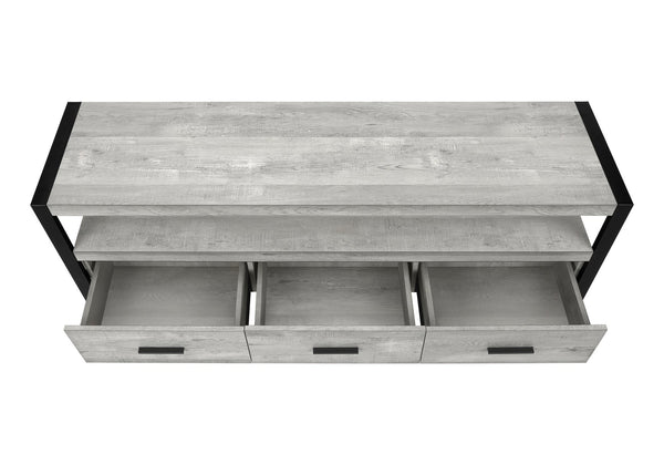 English Elm Tv Stand Rustic Reclaimed-Look 60 Inch Media Console with Open Shelf, 3 Metal Glide Drawers, Sturdy Frame Grey 61 L x 19 W x 8 H B2710P219135