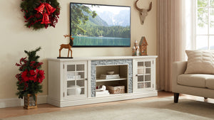 English Elm 70" Modern TV Stand with Faux Stone Top, Spacious 2-Door Media Console with Cable Management and Adjustable Shelves, Vintage Metal Handles, Durable MDF Construction for Living Room Entertainment (Fits up to 75") White W2275P342690
