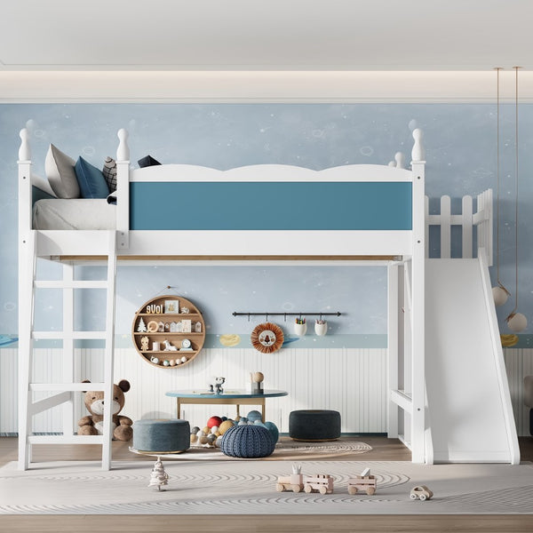 English Elm Queen Solid Pine Loft Bed with Wardrobe Shelves Detachable Slide and Dual Sleeping Zones Blue,Off White W5305S00029