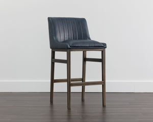 Sunpan Halden Urban Bar Stool with Bold Channel Tufting and Rustic Bronze Steel Frame for Stylish Spaces Vintage Blue