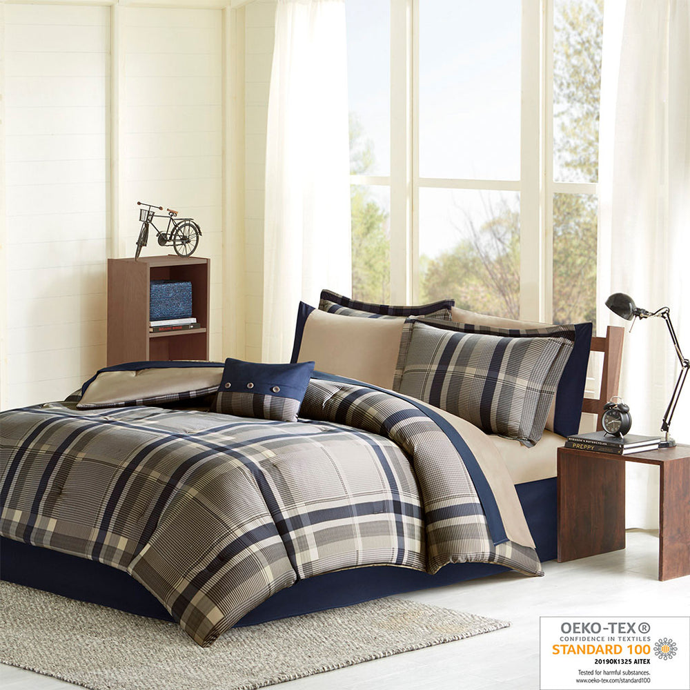 JLA Home Intelligent Design - Plaid Robbie comforter ensemble in navy and taupe plaid with sheets, sham, pillow and bed skirt, OEKO‑TEX certified 86 L x 78 W x 1H ID10-1226
