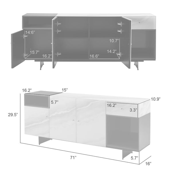 English Elm Olivia Marble Effect Glass Sideboard with Matte Black Open Shelving for Dining Rooms B2736S00027