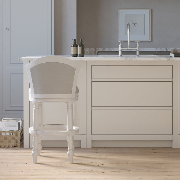 English Elm 26" Farmhouse Barrel Back Swivel Counterstool Upholstered Wood Frame Kitchen Island Seating White B2751P436469
